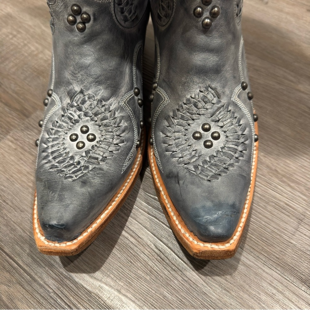 Lane Cosette Braided Stud Western Cowboy Leather Boots in Washed Denim - Picture 5 of 14